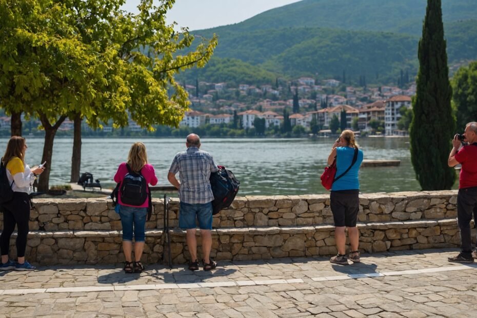 Τουρίστες φωτογραφίζουν την πόλη. Η εικόνα δημιουργήθηκε με τη χρήση AI.